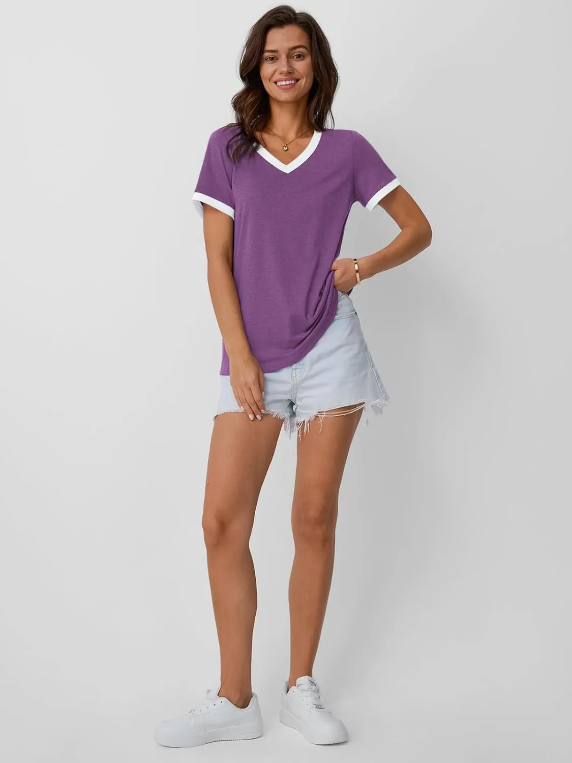 AUTOMET Womens Short Sleeve T-Shirts Summer Tops Casual Soft Tunic V Neck Basic Workout Clothes Spring Fashion Outfits 2025