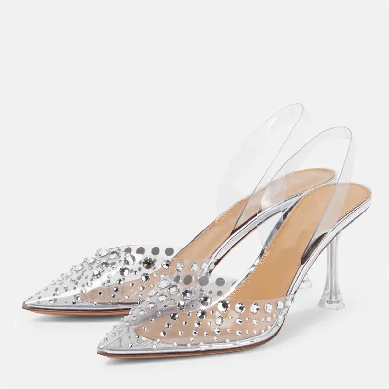 Crystal High Heels Shoes with Rhinestones Transparent Slingbacks