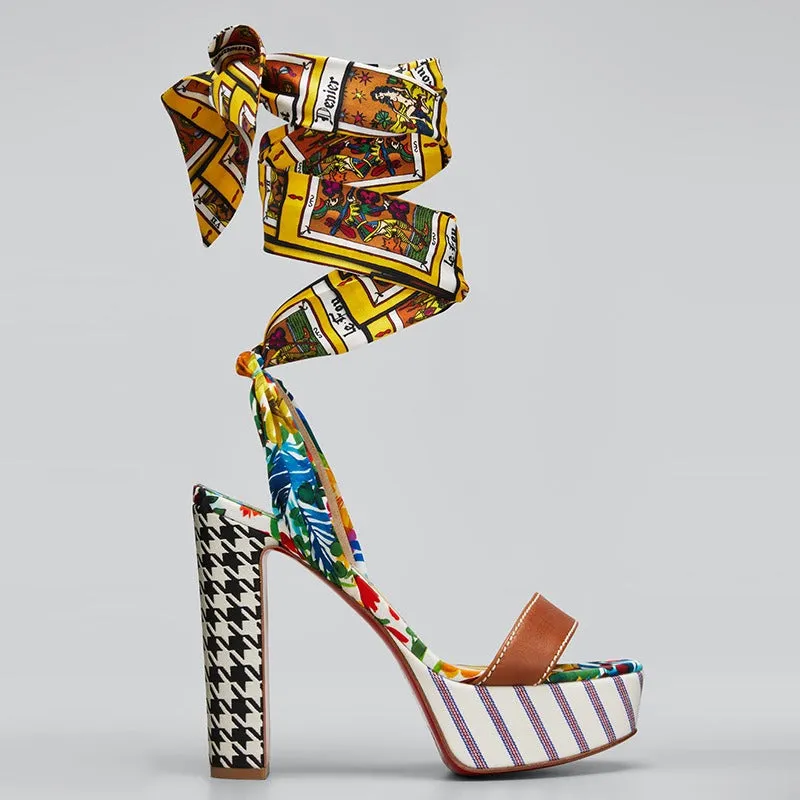 Graffiti Print High Heel Lace-Up Sandals