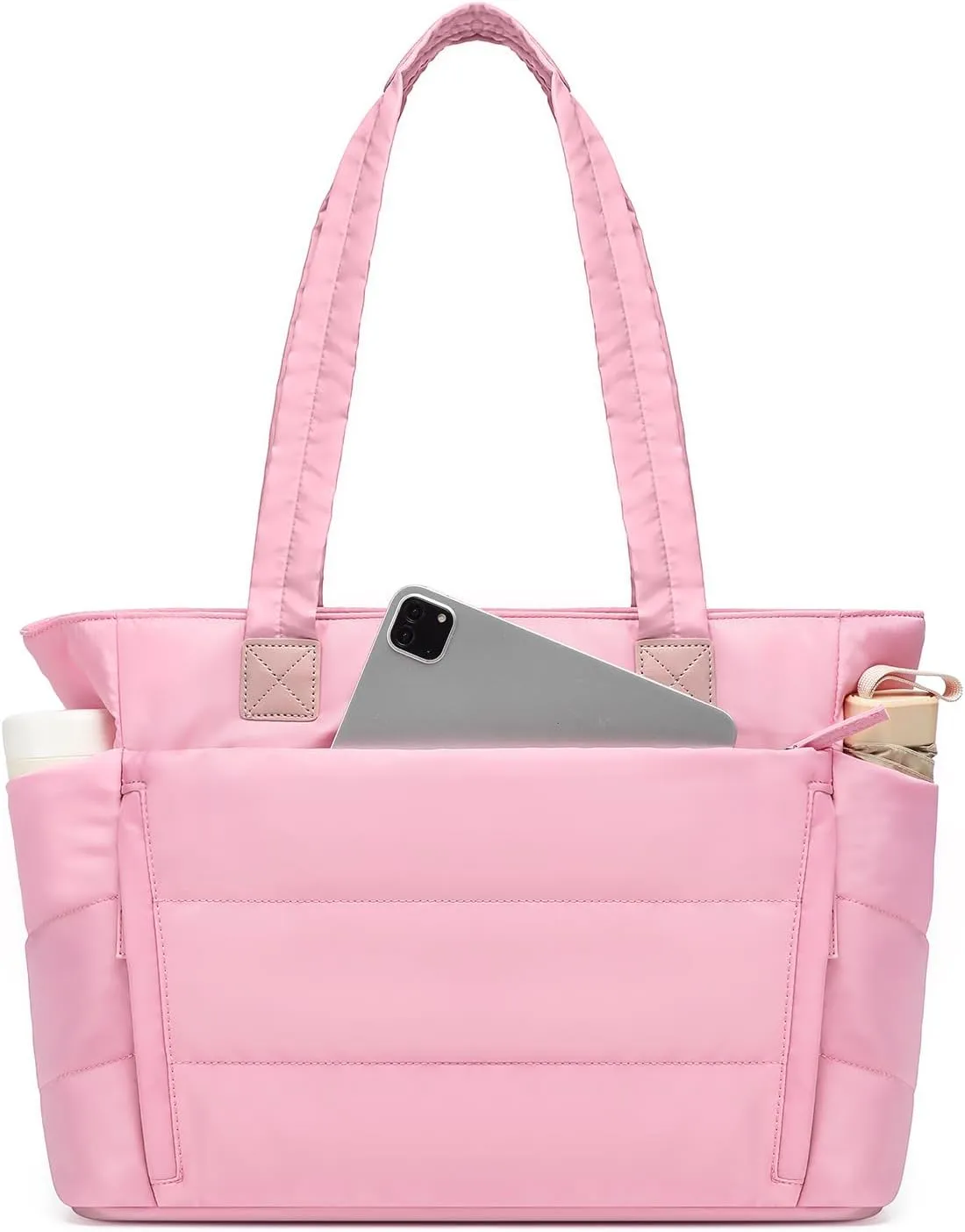 Tote Bag for Women with Zipper, Soft Puffy Bag with 10 Pockets, Quilted Handbag for Travel, Work, Sport, School