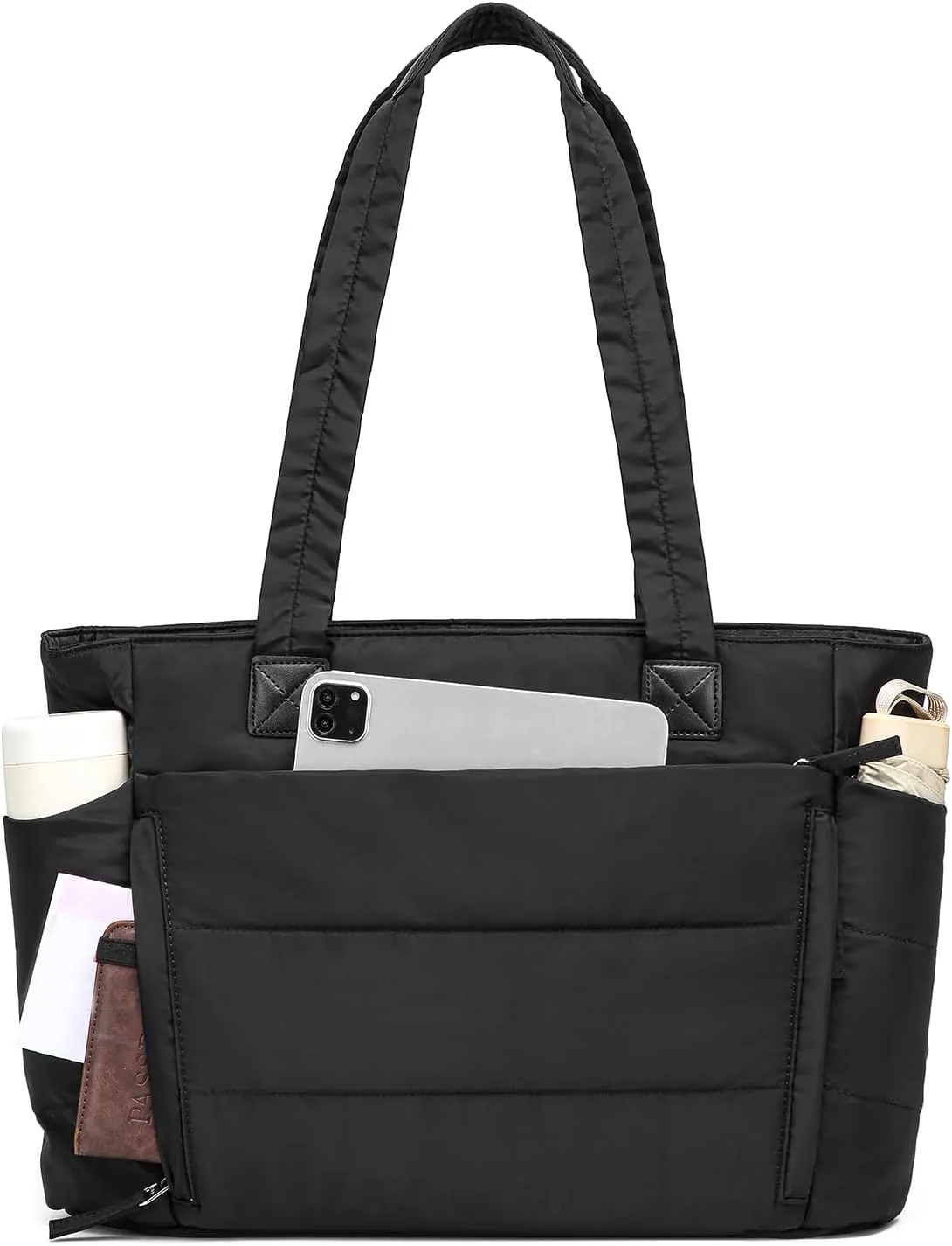 Tote Bag for Women with Zipper, Soft Puffy Bag with 10 Pockets, Quilted Handbag for Travel, Work, Sport, School