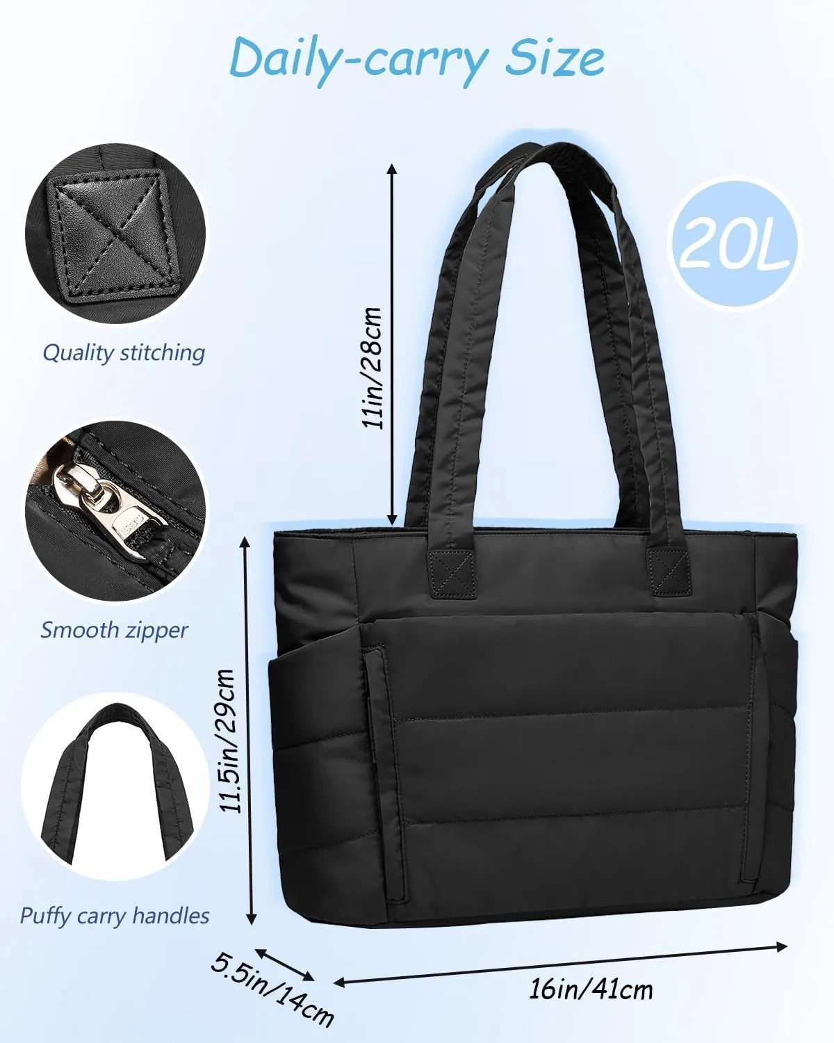 Tote Bag for Women with Zipper, Soft Puffy Bag with 10 Pockets, Quilted Handbag for Travel, Work, Sport, School