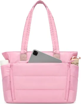 Tote Bag for Women with Zipper, Soft Puffy Bag with 10 Pockets, Quilted Handbag for Travel, Work, Sport, School