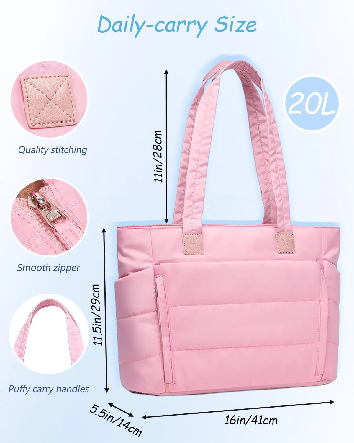Tote Bag for Women with Zipper, Soft Puffy Bag with 10 Pockets, Quilted Handbag for Travel, Work, Sport, School