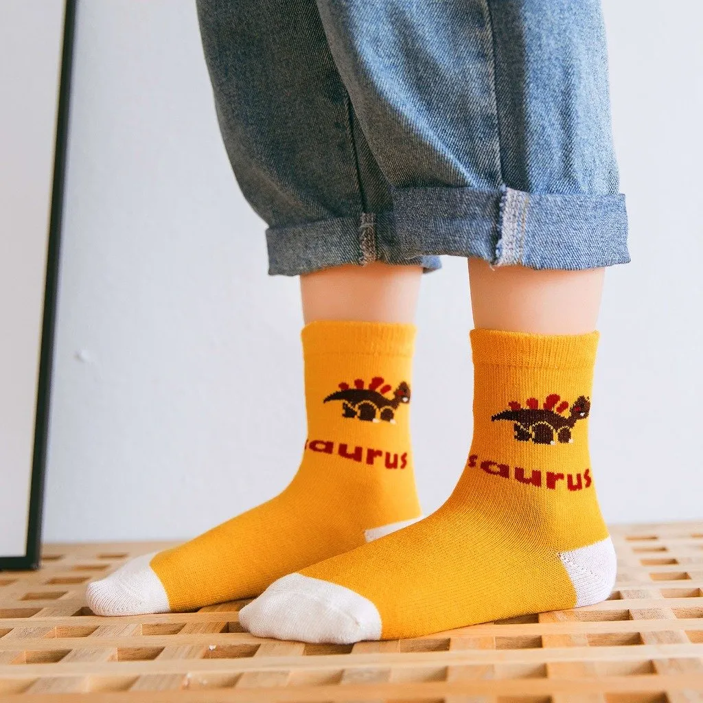 ZFSOCK Cute Dinosaur Design Crew Socks for Kids Boys, 5 Pairs